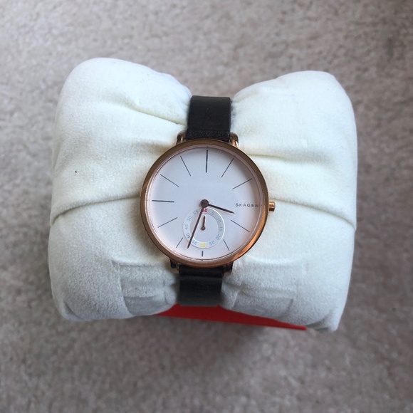 Skagen Womens rose gold with dark brown leather watch
